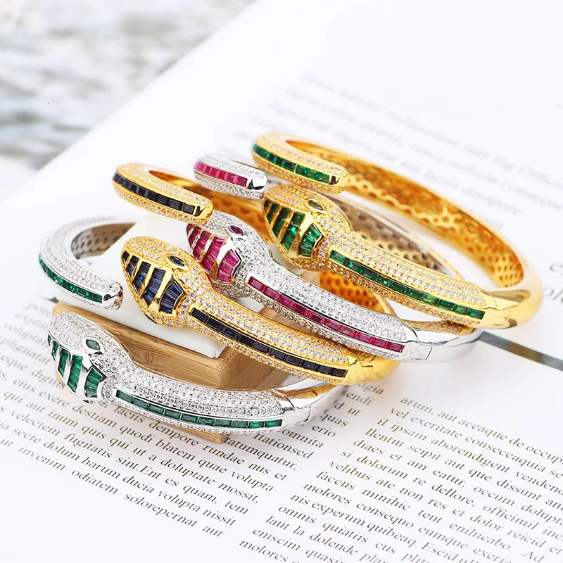 Europe America Style Bracelet Womens Gold Plated Colorful Inlaid Cube Zircon Snake Open Bracelet 250220