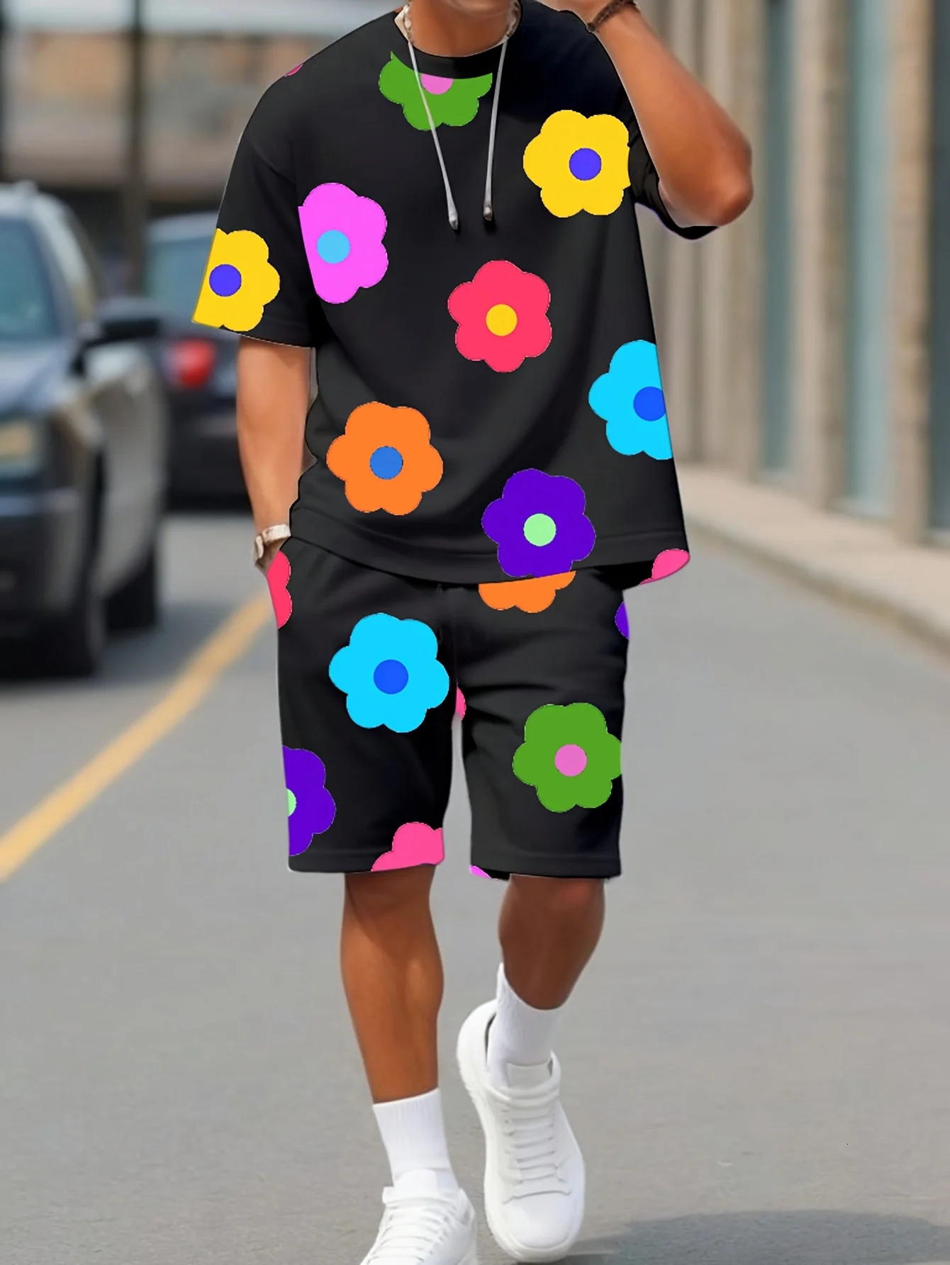 Mens Sets Color Floral Print Casual Suit Crew Neck Short Sleeve TShirt Shorts Tracksuit Set 2 Piece Summer Man Suits Clothing 250220