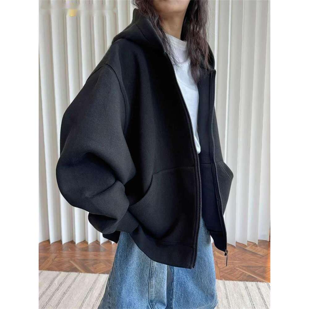 2025 Heavy Weight Spring Street Cool Hoodie Women Three Dimensional Straightening Pure Cotton Coat Black/Gray White