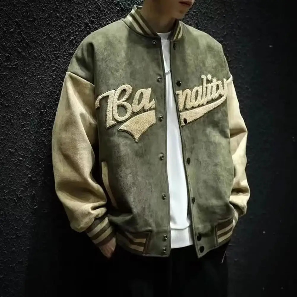 Autumn Winter Men Baseball Coat Suede Stand Collar Long Sleeve Baseball Jacket Embroidery Letter Print Single Breasted Men Coat 250219