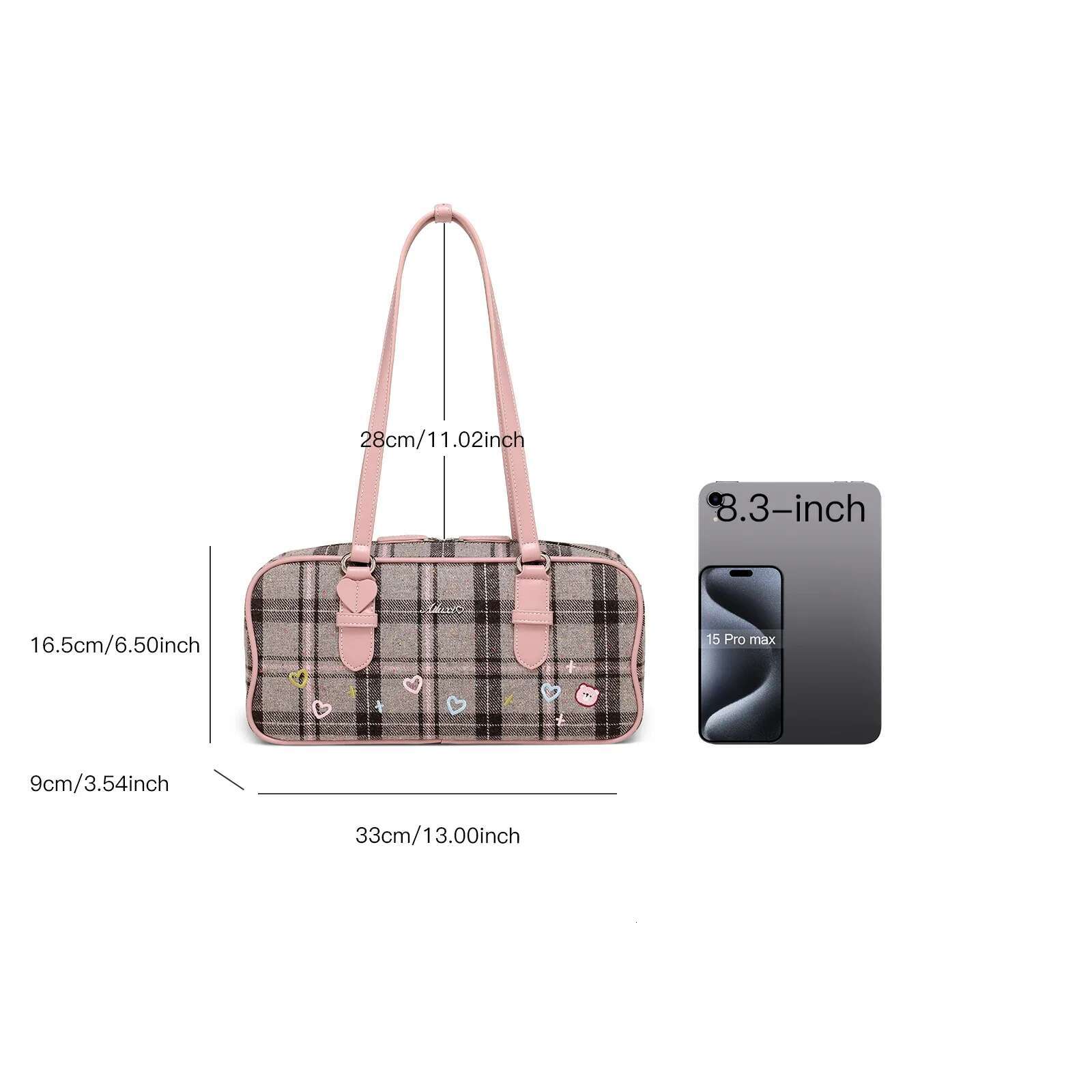 AII Large Capacity Bowg Cute Plaid Wool Underarm Heart Print Handbag Daily Commuting Gym Bag Christmas Halloween Gift