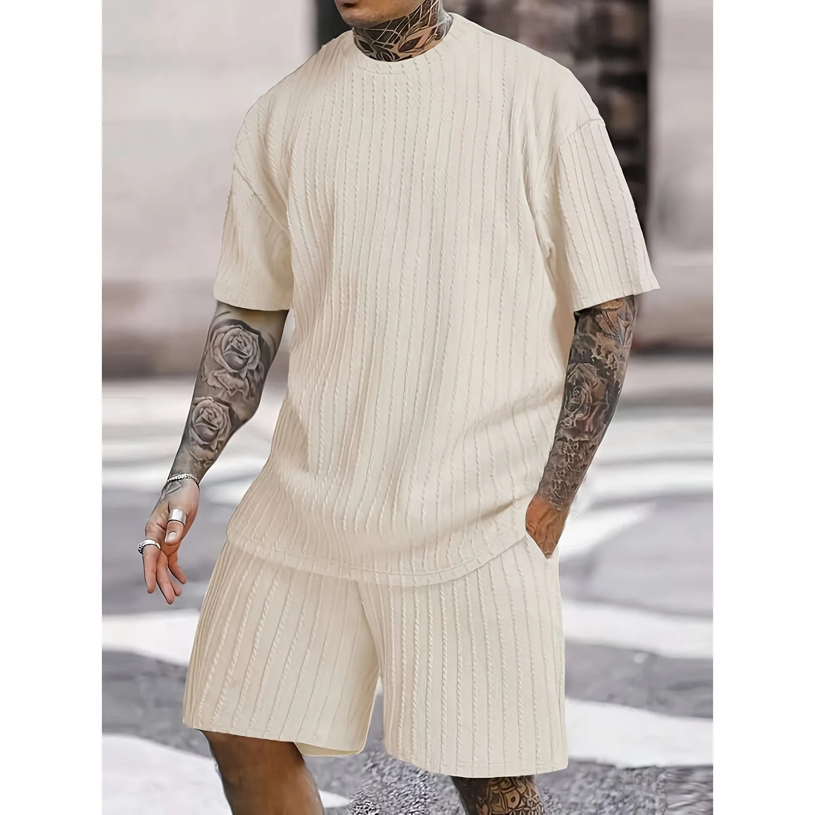 Mens ribbed shirt short sleeved slim fit set elastic fitness rib knit 2 casual comfort set 250220