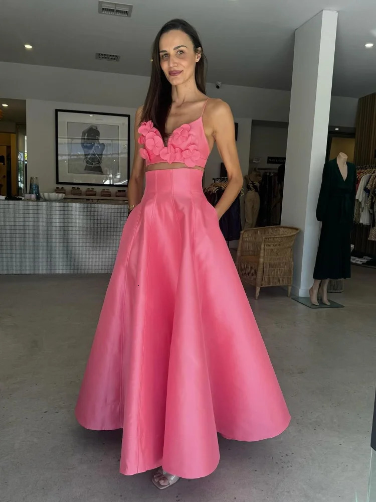 Summer Sexy Sleeveless Vest Maxi Skirt Two Pieces Set Women Elegant Flower Decor Crop Tops Skirts Suits Lady Vacation Party Gown 250220