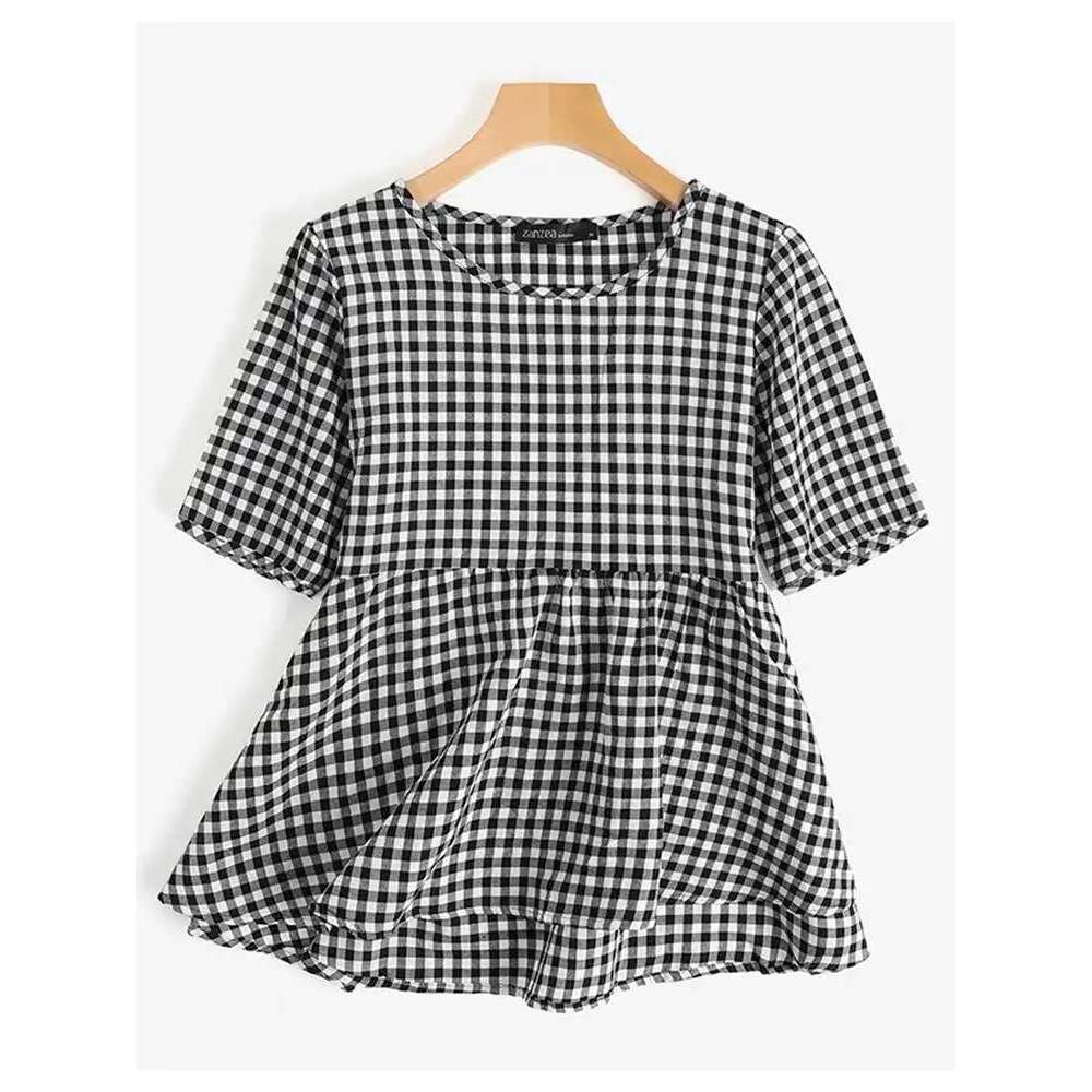 ZANZEA Casual Patchwork A-E Tunic Oversized Vintage Pleated Top Summer 2024 Tops Lady Loose O-Neck Blusa Women Plaid Blouse