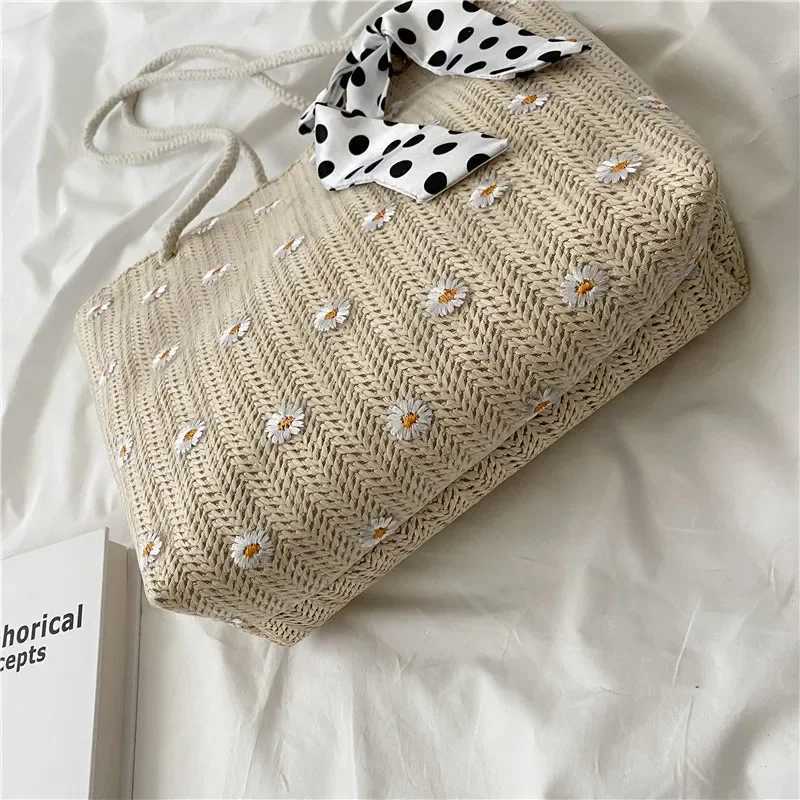 New Style Straw Braided Silk Scarf One-shoulder Handbag Ladies Large-capacity Fashion Simple Handbags Summer Travel Beach Bag Z250219