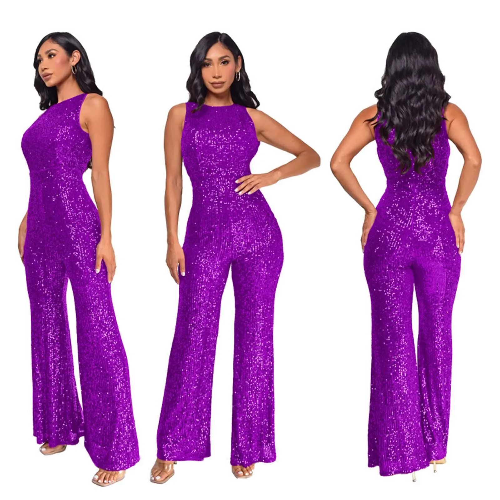 Women's Sequined Jumpsuit - Sleeveless High Waist Romper with Straight Leg Pants | Elegant Party & Nightclub Outfit