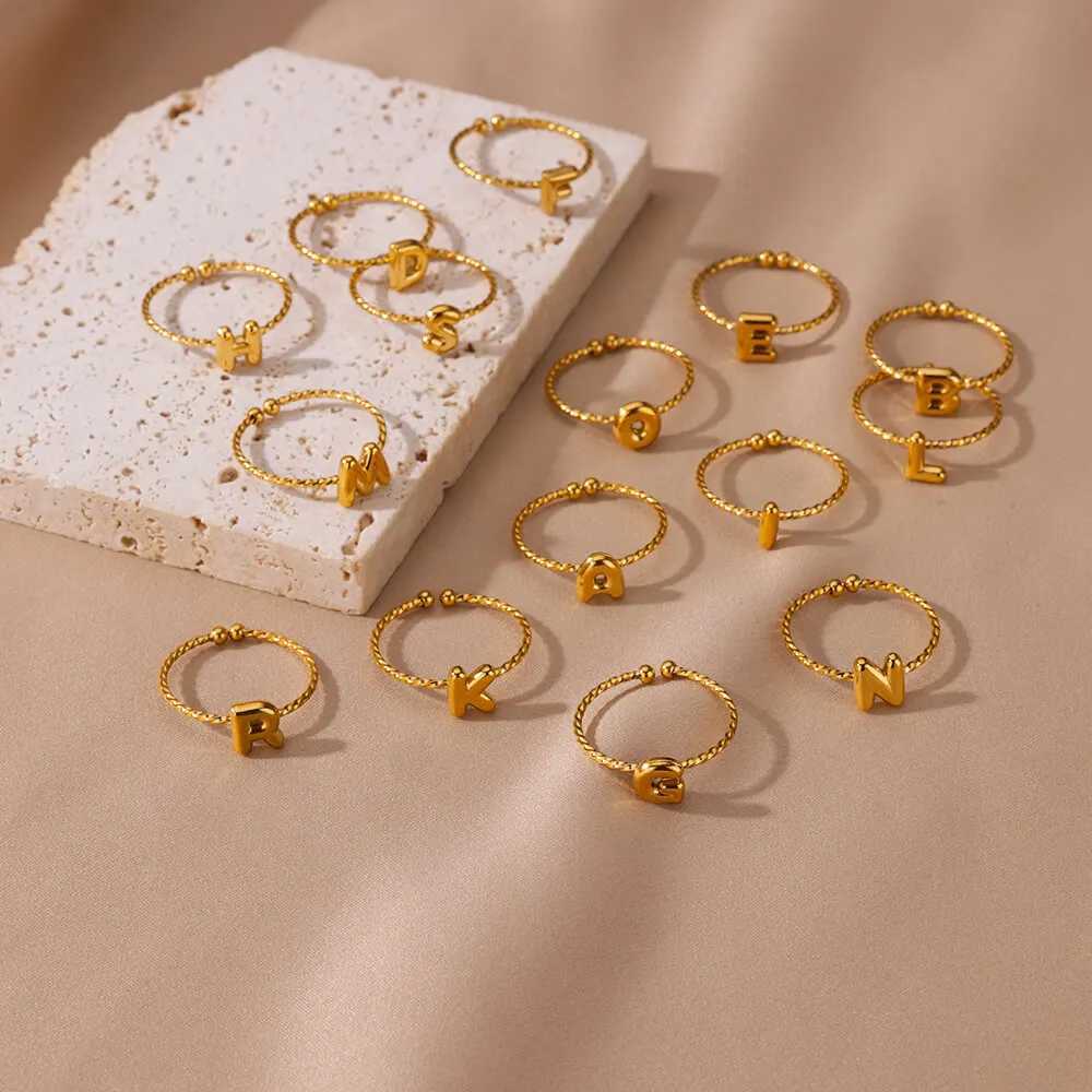 Cute Chunky Stainless Steel Intial Rings For Wen Girls Open Adjustable Gold Color Letter Ring Five Alphabet Jewelry Gift X250220