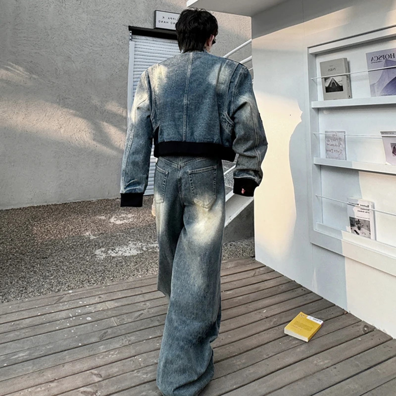 LUZHEN Standing Collar Personalized Patchwork Denim Jacket Short Two Piece Sets Mens Loose Street Mens Jeans LZ6548 250220
