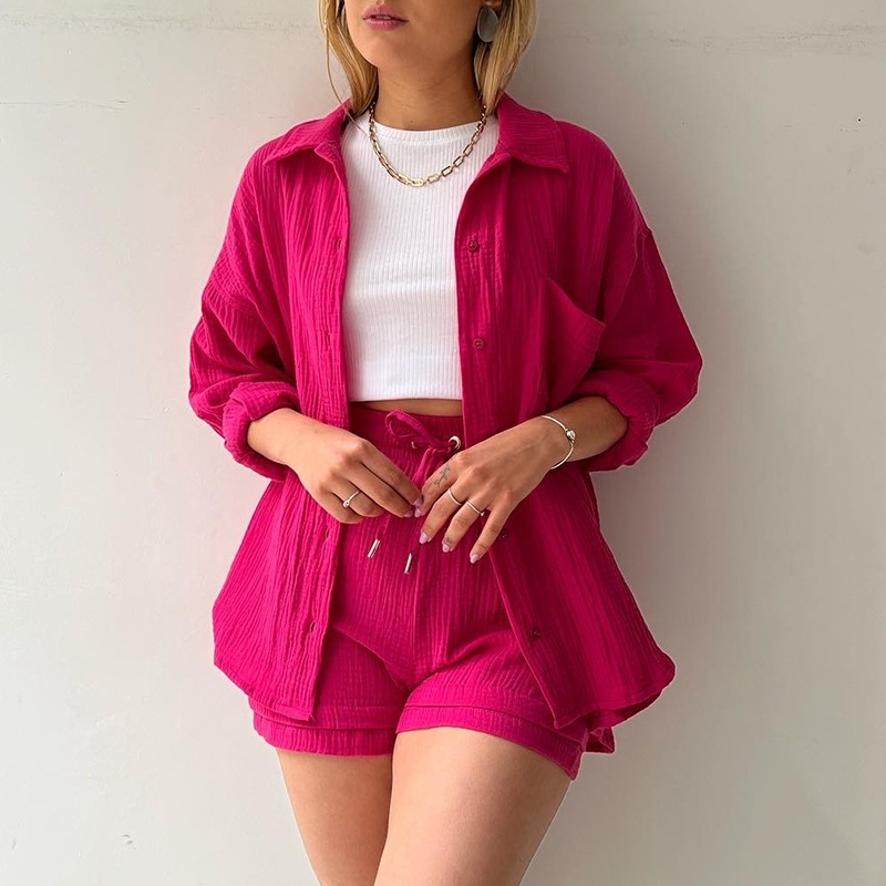 Womens Tracksuits Two-piece Wrinkled Fabric Lapel Long Sleeved Shirt High Waisted Drawstring Shorts Large Fashion Casual Set