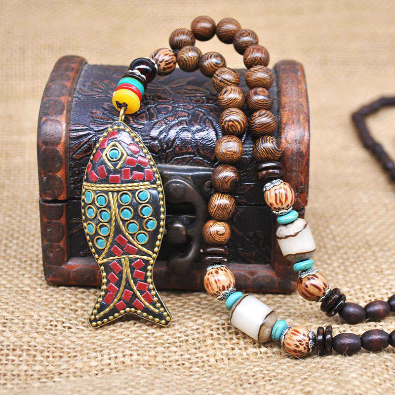 Pendant Necklaces Wind hemp cotton clothing Necklace national wind Buddha beads sweater chain necklace female wooden fish Pendant Long Necklace H25219
