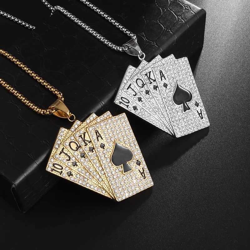Fashion Trend Personality Hip Hop Punk Style Gold Plated Playing Cards Creative Unique Design Men Pendant Square NecklaceXJ250219