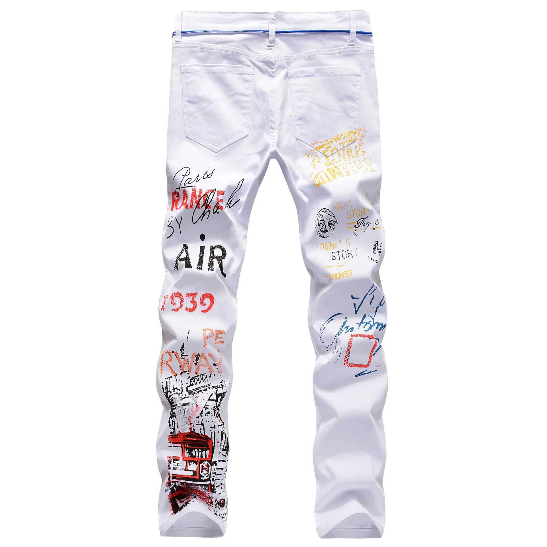 Mens Letter Graffiti White Jeans 2024 New Fashion Print Slim Mens Jeans Skinny Biker Jeans For Man Denim Punk Pants Jean Homme X250220