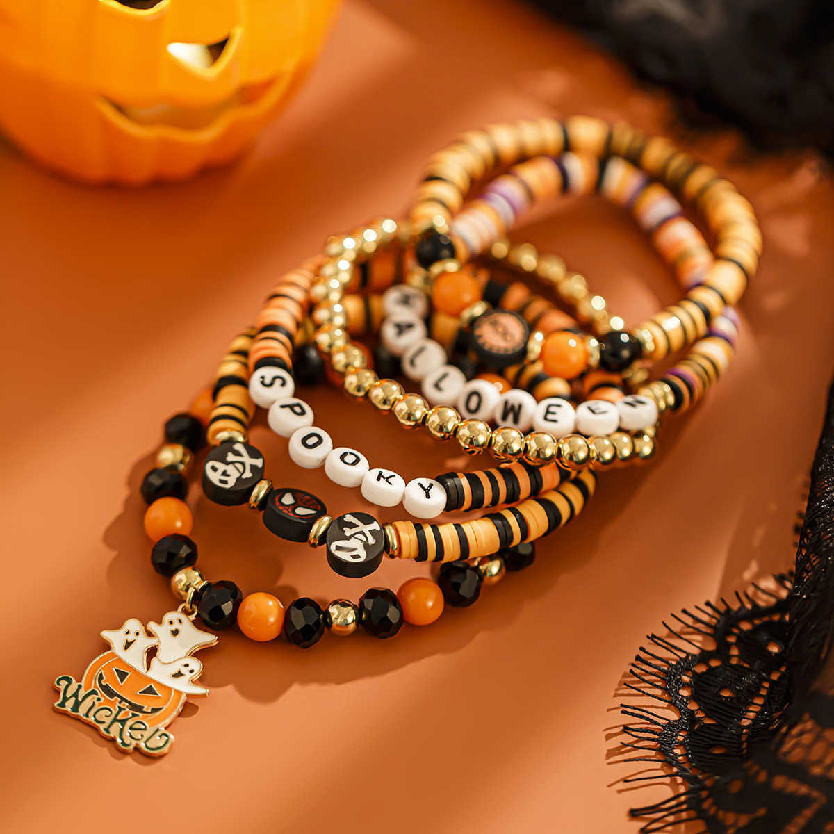 Charm Bracelets Halloween Pumpkin Soft Ceramic Bracelet Punk Alloy Letter Gothic Style Multi Layer Bracelet H25220