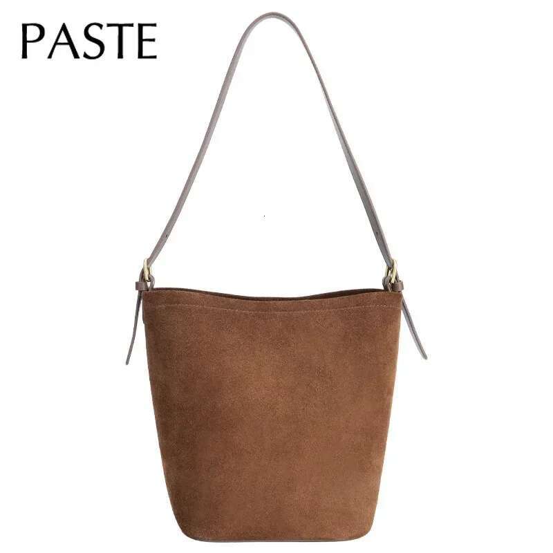 Chic Stylish Design Matte Coffee Bucket Tote Vintage Suede Cow Leather Women Handbag Daily-Use Chamois Lady Single Shoulder Bag