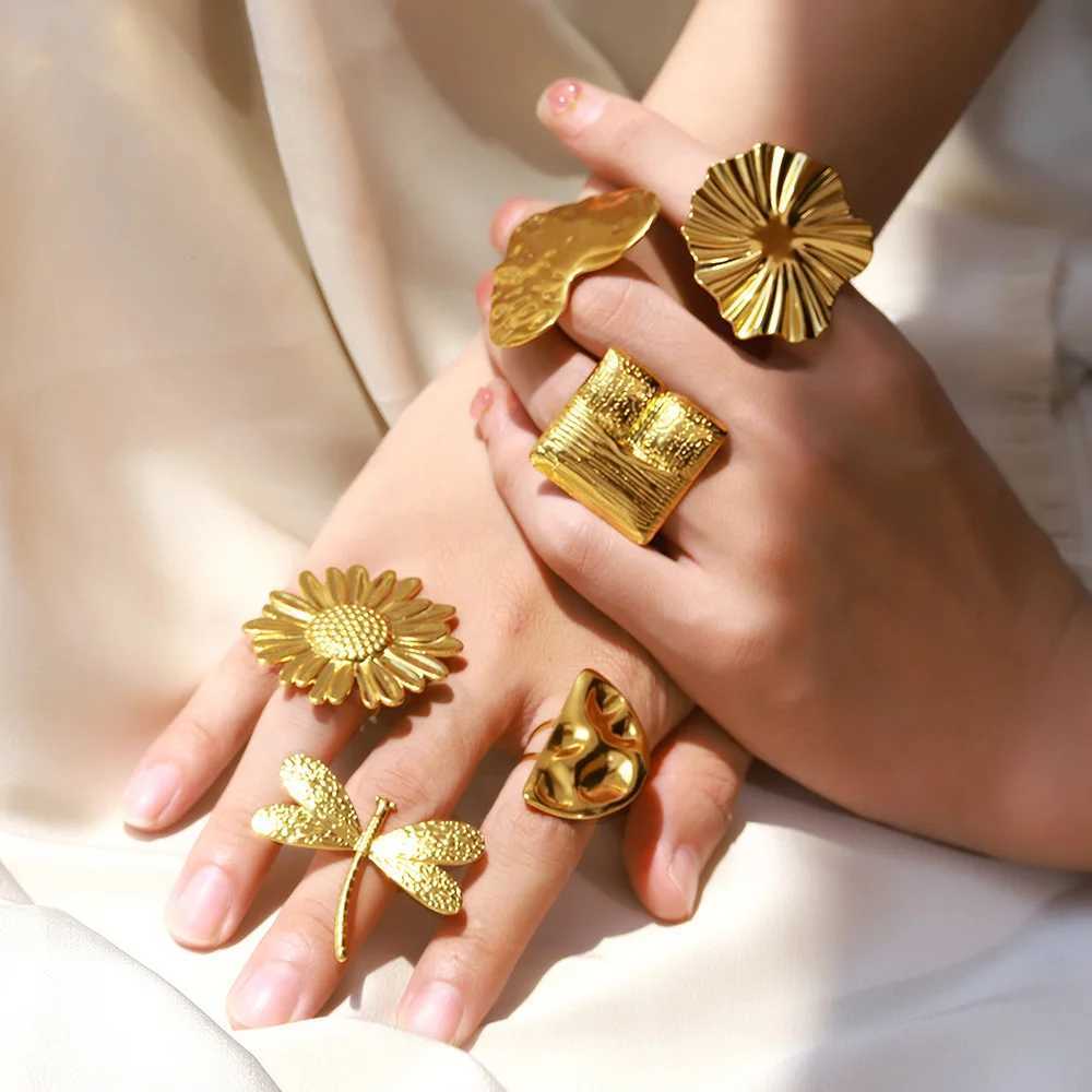 Exaggerated Big Suower Open Ring For Wen Gold Color Stainless Steel Square Ring Bohen Jewelry Wedding Gift X250220