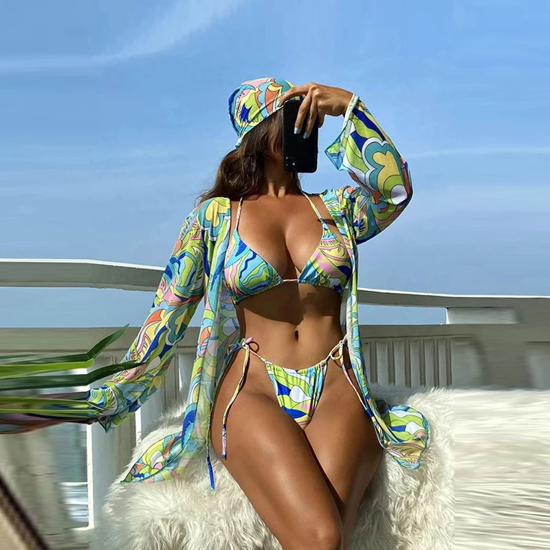 Women Long Sleeve Cardigan Tops 3 Piece Swimsuit Retro Leaves Print Sleeveless Halter Top Drawstring Bikini Set Female Swimwear 250220