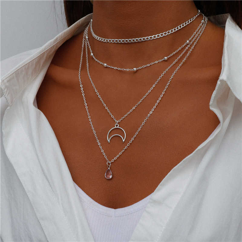 Pendant Necklaces Fashionable womens Bohemian moon multi-layered necklace simple and personalized pendant necklace H25219