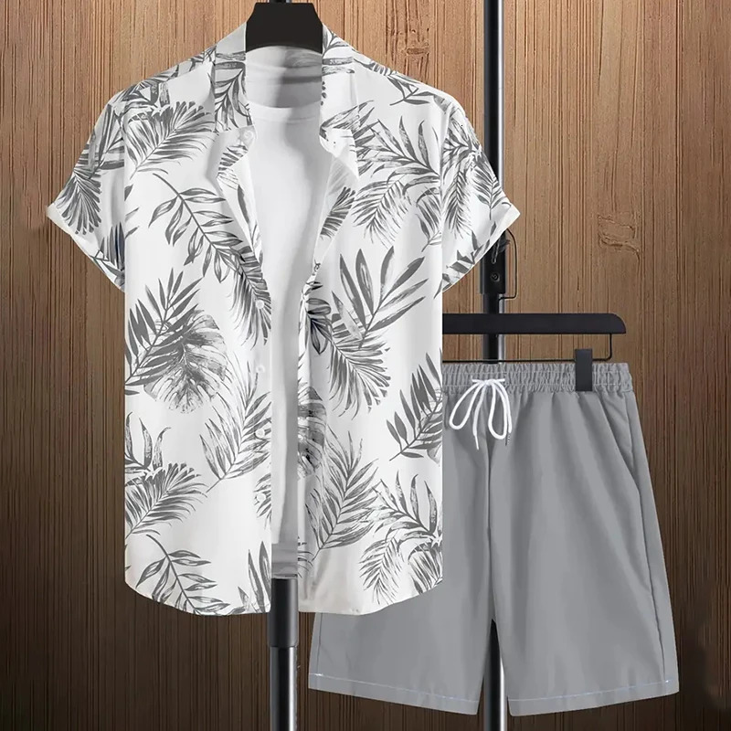 Fashionable floral plant print mens shirt short sleeved 2piece summer beach casual loose shorts top Hawaiian style suit 250220