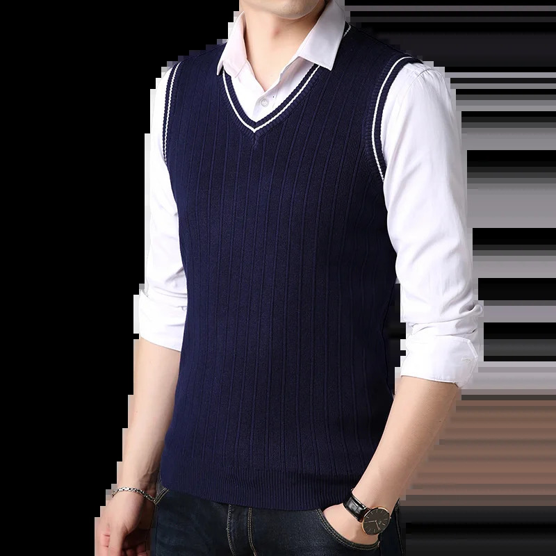 Spring and Autumn Mens Knitwear Tank Top Fashion Korean Fit Casual Versatile Student V-neck Vertical Stripe Vest 250219