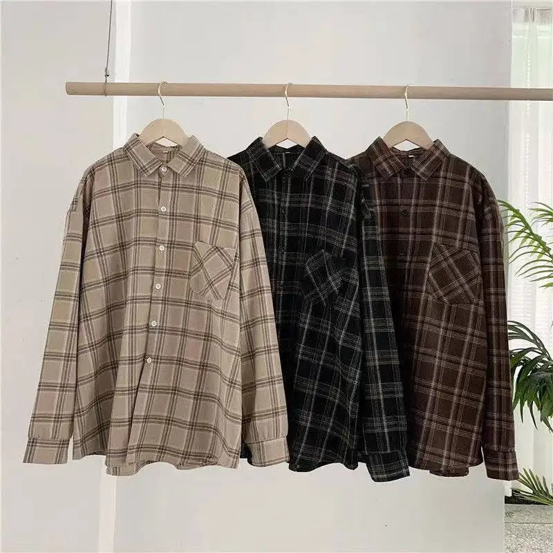 Vintage Plaid Shirts Women Autumn Long Sleeve Oversize Button Up Shirt Korean Fashion Casual Fall Outwear Tops Blusas Mujer 250219