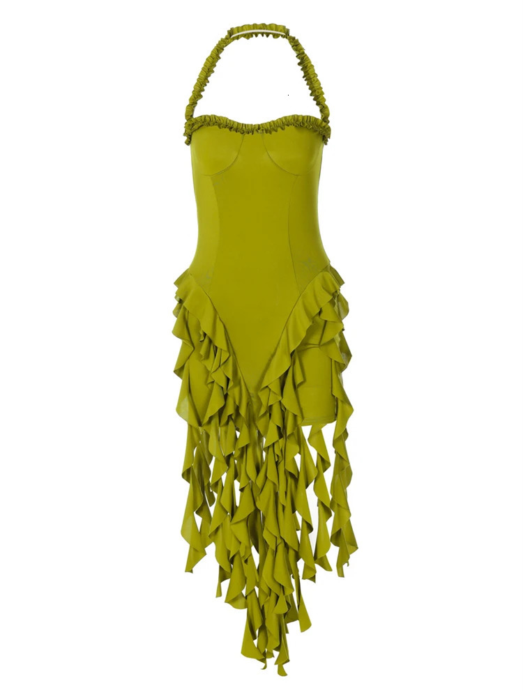 Ladies Autumn Ruffle Fashion Evening Birthday Party Dress Women Sleeveless Backless Halter Mini Dresses Clubwear Fall Outfit 250219