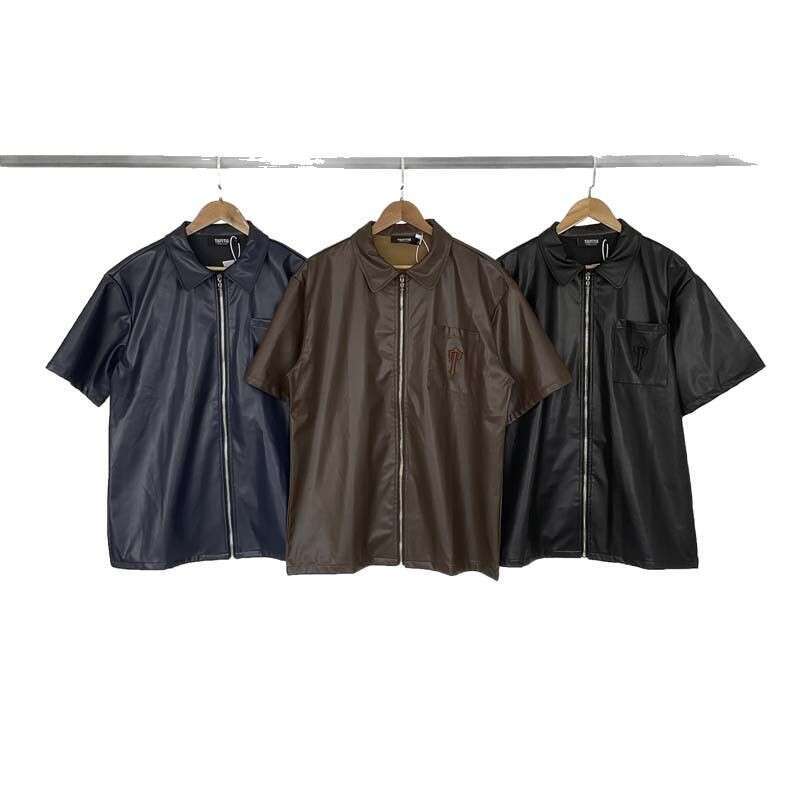New Tra Zipper Men's Casual Collar Leather Shirt for Summer