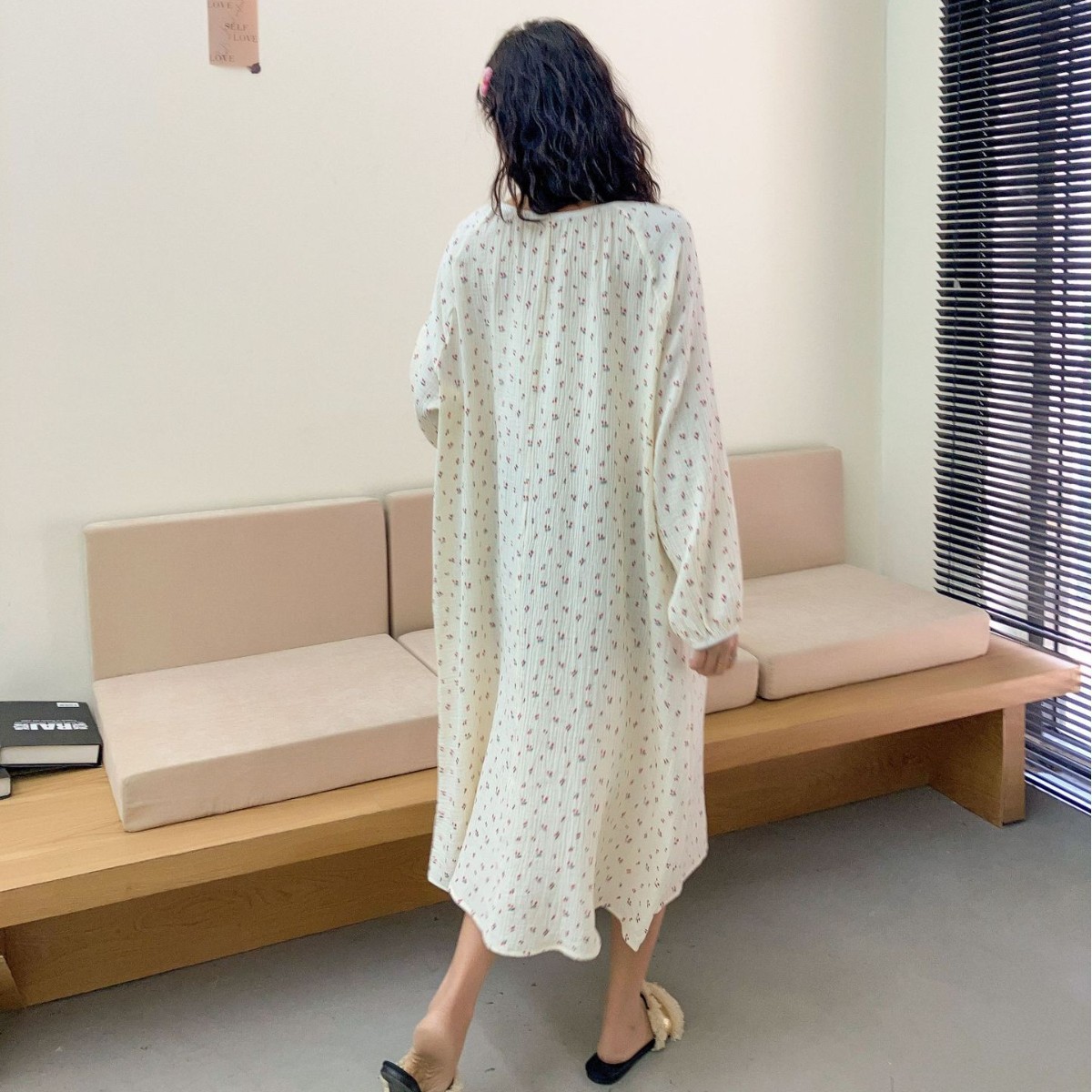 X166 Pure cotton, gentle, floral, simple, comfortable, casual, loose, long-sleeved, wearable nightgown