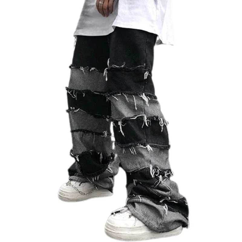 American New High Street Antique Tassel Jeans for Men Dropped Wide Leg Hip Hop Lazy Long Pants X250220