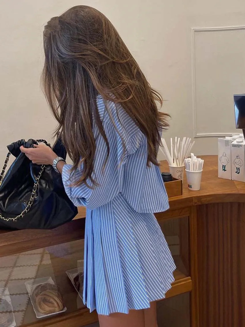 Elegant Blue Striped Print Skirt Suits For Women Fashion Long Sleeve Button Crop Tops And High Waist Pleated Skirts 2 Pieces Set 250220