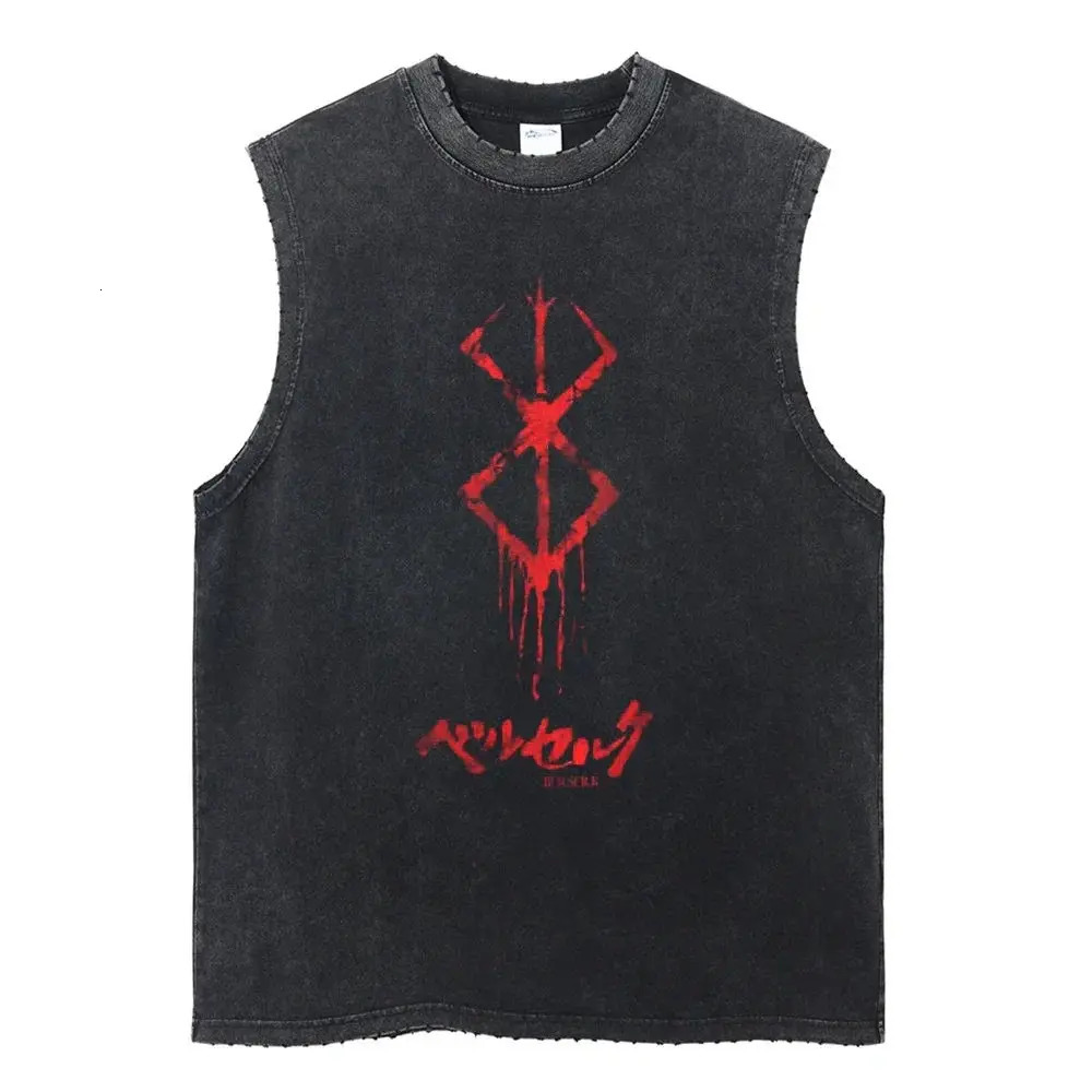Berserk Anime Print Vest Summer Cotton Vest Mens Washed Retro Sleeveless T-Shirt Ins 250219