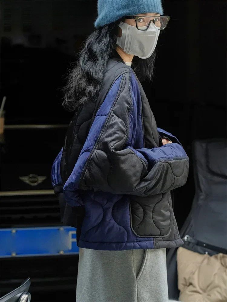 Winter Warm Silhouette Argyle Cotton-Padded Jacket Women Loose Soft Skincare Parkas Female Black/Blue