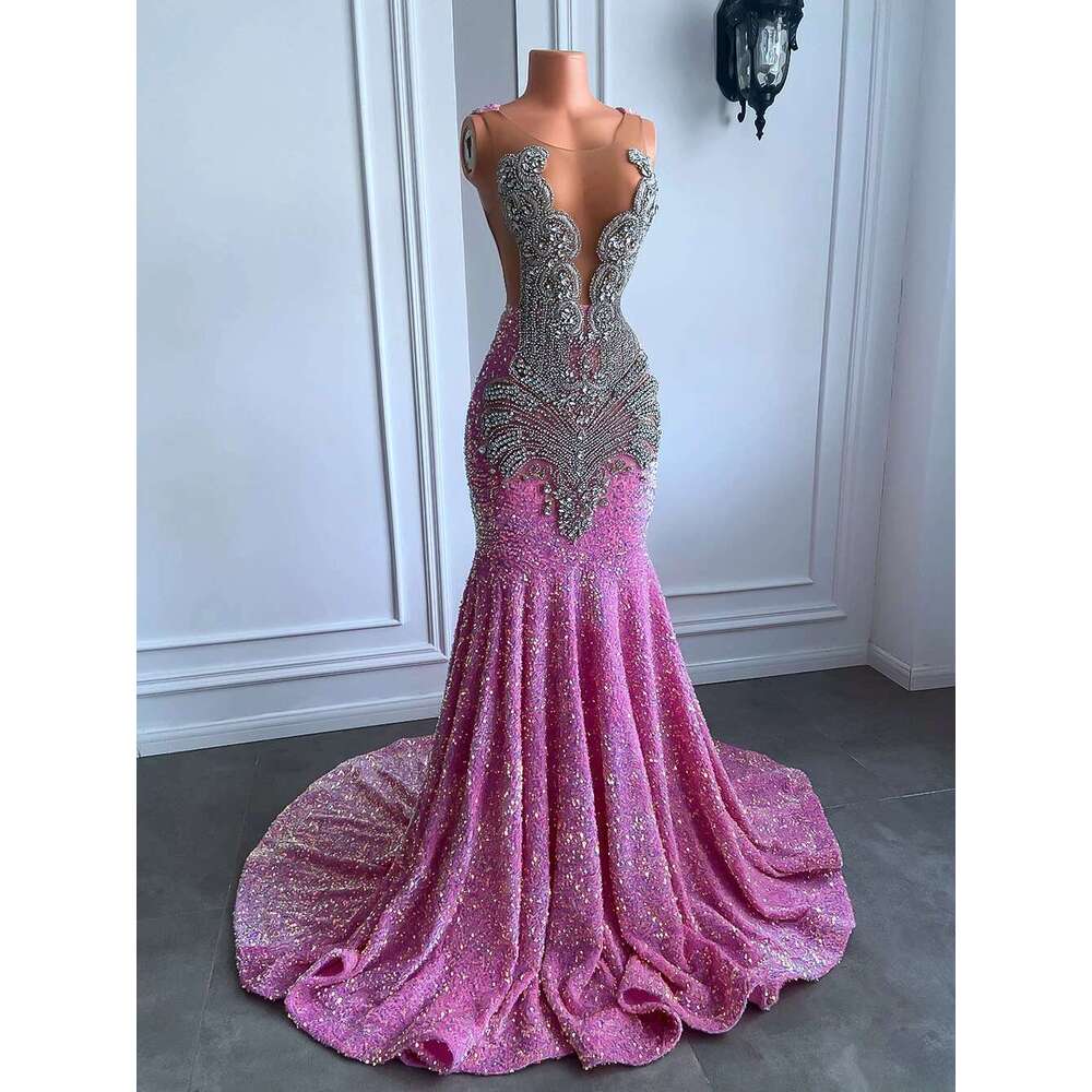 Real Image Long Gowns 2025 Sexy Mermaid Style Pure Mesh Silver Diamond Black Girls prom Pink Laces Graduation Ball Gown