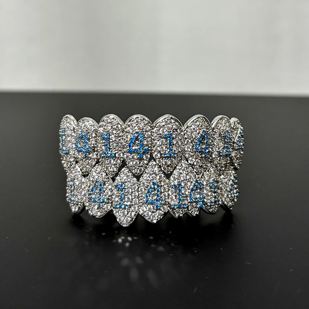 RACHELZ Hip Hop Blue Number 14 CZ Stone Teeth Grills Braces Full Shiny Zircon Tooth Caps For Women Men Jewelry Top Bottom Fangs 250219