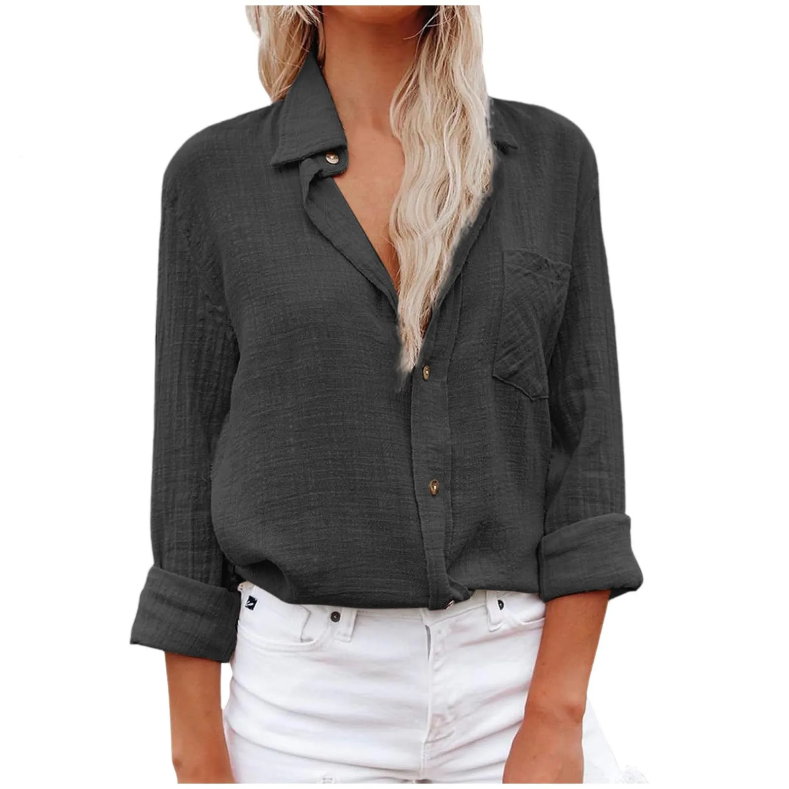 Womens Cotton Linen Tops Shirts Long Sleeve Blouses Office Lady Solid Casual Tunics Lapel SingleBreasted Shirt Blusas 250219