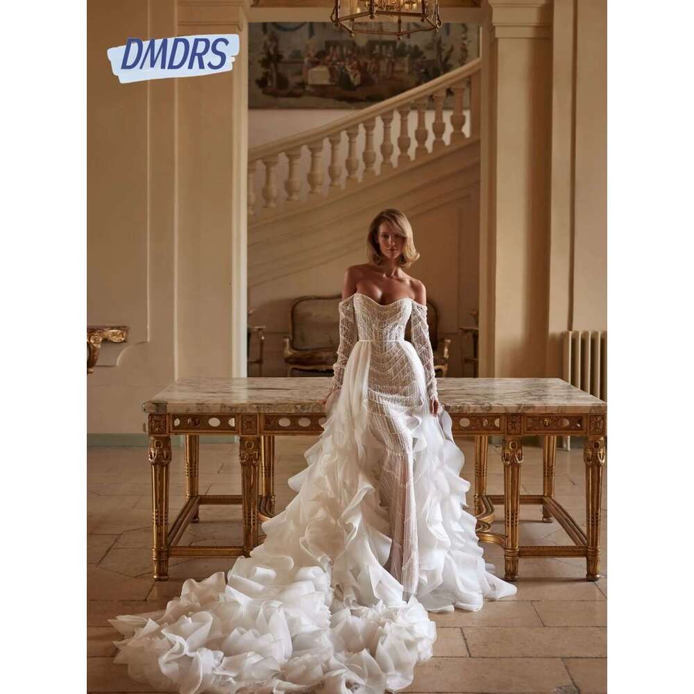 Exquisite Pearl Bag Beaded Brilliant Ivory Off-Shoulder Wedding for Romantic Bride Custom Female Bridal Dress