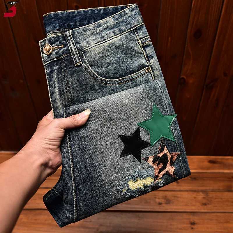 High Street Fashion Jeans Mens Autumn and Winter Clothing Hole Patch Personality Star Patch Slim Fit Skinny Stretch Pants X250220