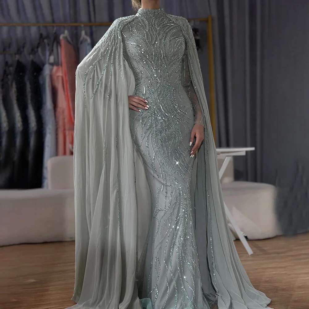 Sage Muslim Green Mermaid Long Cape Beaded Satin Evening Dresses Gowns For Women Party Customizbla A