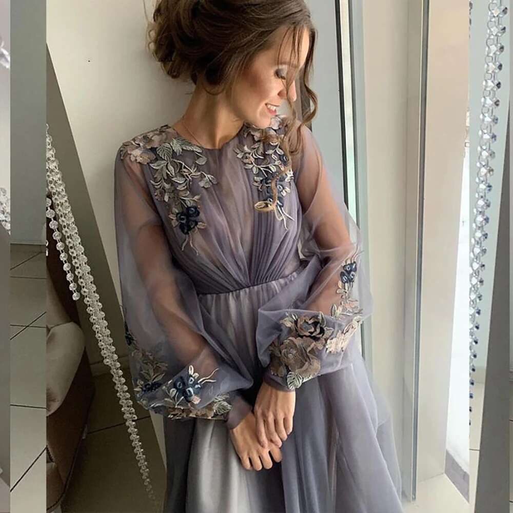O-Neck Long Sleeve Appliques Organza Evening Dresses Draped Or Length Sweep Train Prom Party Gown Custom Vestidos