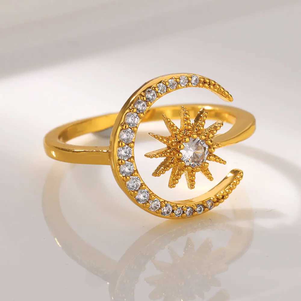 Dainty Zircon Stars Crescent Moon Rings for Wen Stainless Steel Gold Color Geetric Wedding Ring Aesthetic Wedding Jewelry X250220