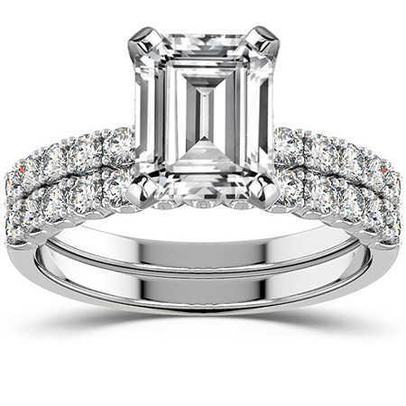 AAA Gems 14K White Gold Ring Emerald/Radiant/Cushion/Pear/Heart Moissanite Ring 4-Prong Semi-Eternity Wedding Set Ring