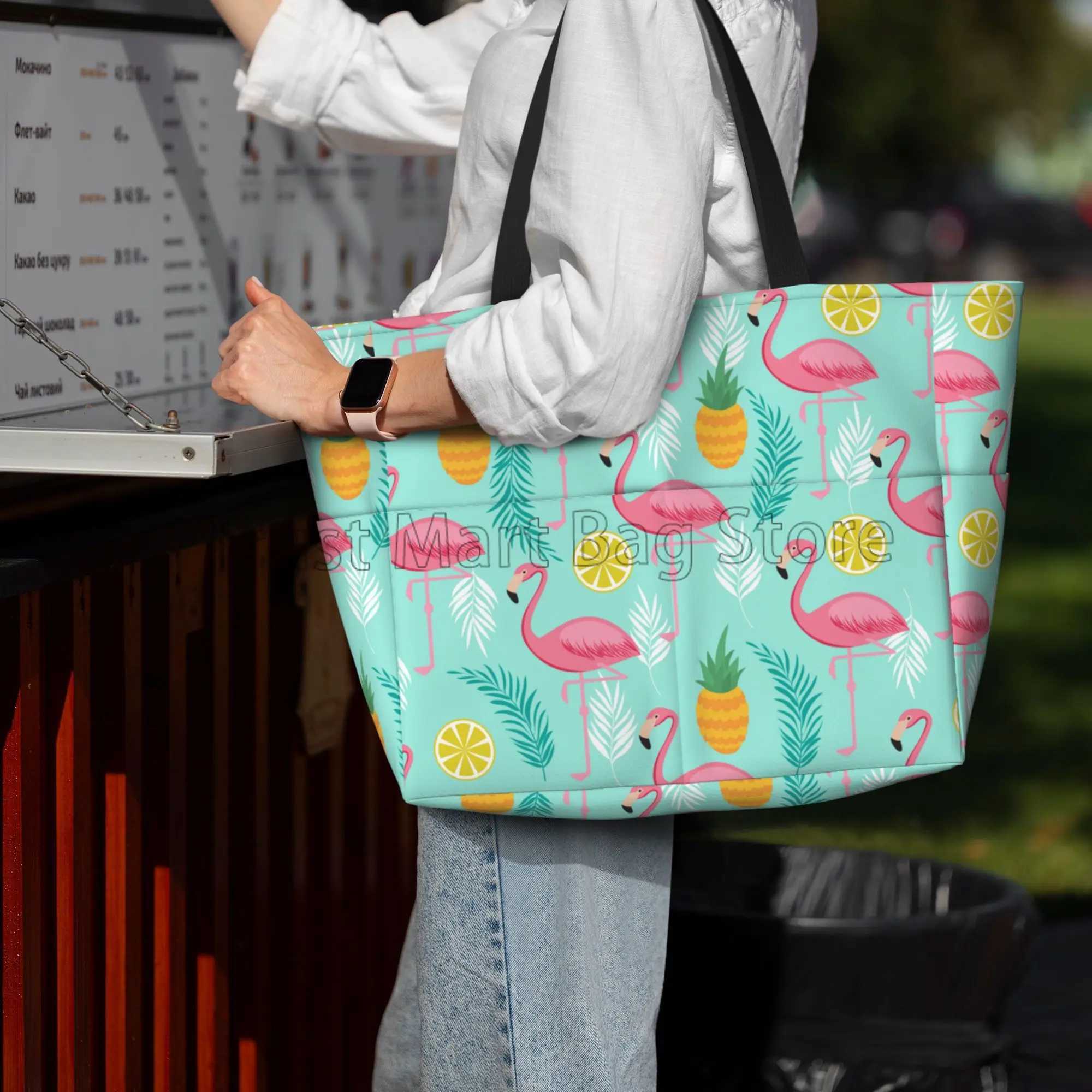 Pink Flamingo Print Large Beach Tote Bag Women Portable Travel Bag Waterproof Sandproof Pool Bag for Swim Gym Grocery Vacation Z250219