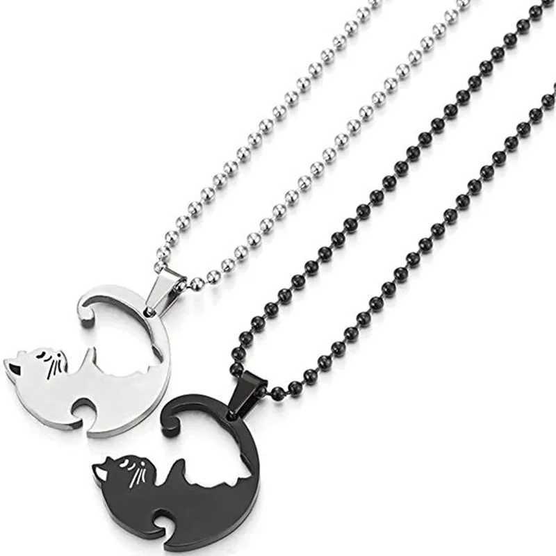 2 Pcs/set Couple Heart Necklace Cute Cartoon Cat Pendant Necklace Simple Color Black Animal Necklace Jewelry Gift For Girl BoysXJ250219