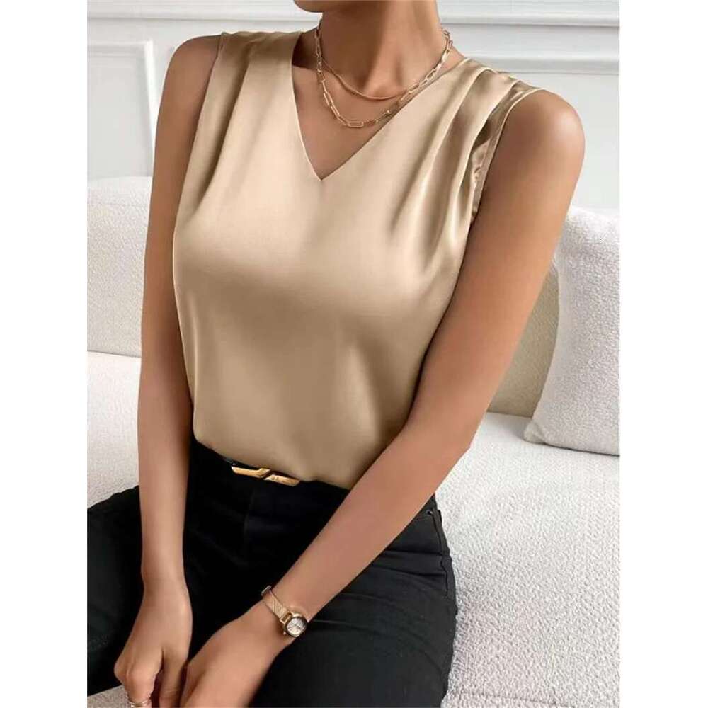 Women Summer Style Blouses Shirts Lady Casual Sleeveless V-Neck Satin Fabric Solid Color Blouse Tops Df5069