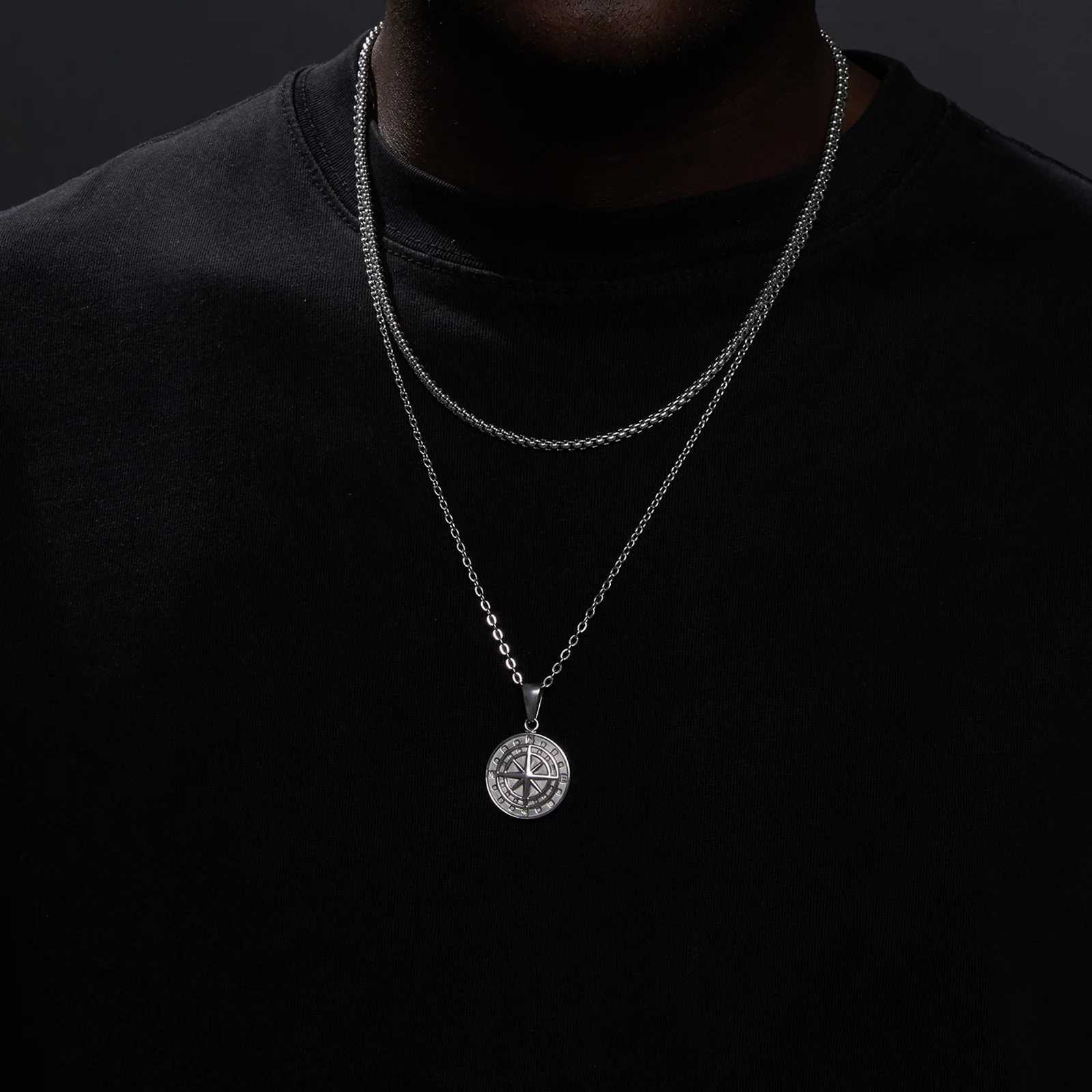Vnox Layered Necklaces for Men Sailing Travel Compass Pendant Stainl Steel Cuban Figaro Wheat Chain Casual Retro CollarXJ250219