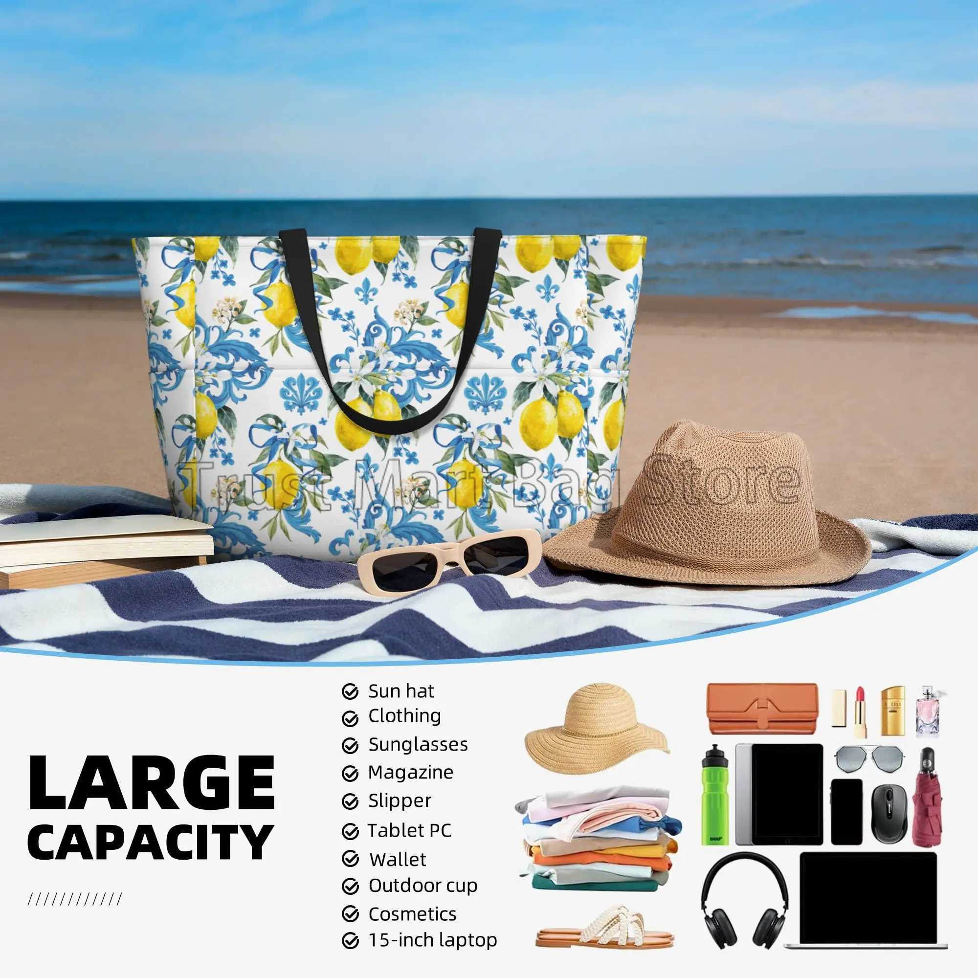 Summer Tropical Lemon Waterproof Beach Bags for Women Utility Zipper Tote Bag Lightweight Sandproof Swim Pool Bags Large Totes Z250219