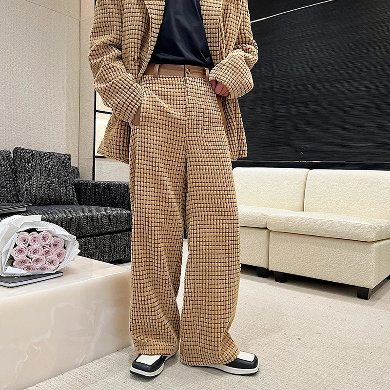 IEFB Spring Korean Chic Male Set Corduroy PU Leather Spliced Two-piece Shoulder Pad Blazer Straight Pants Men Wear 250220