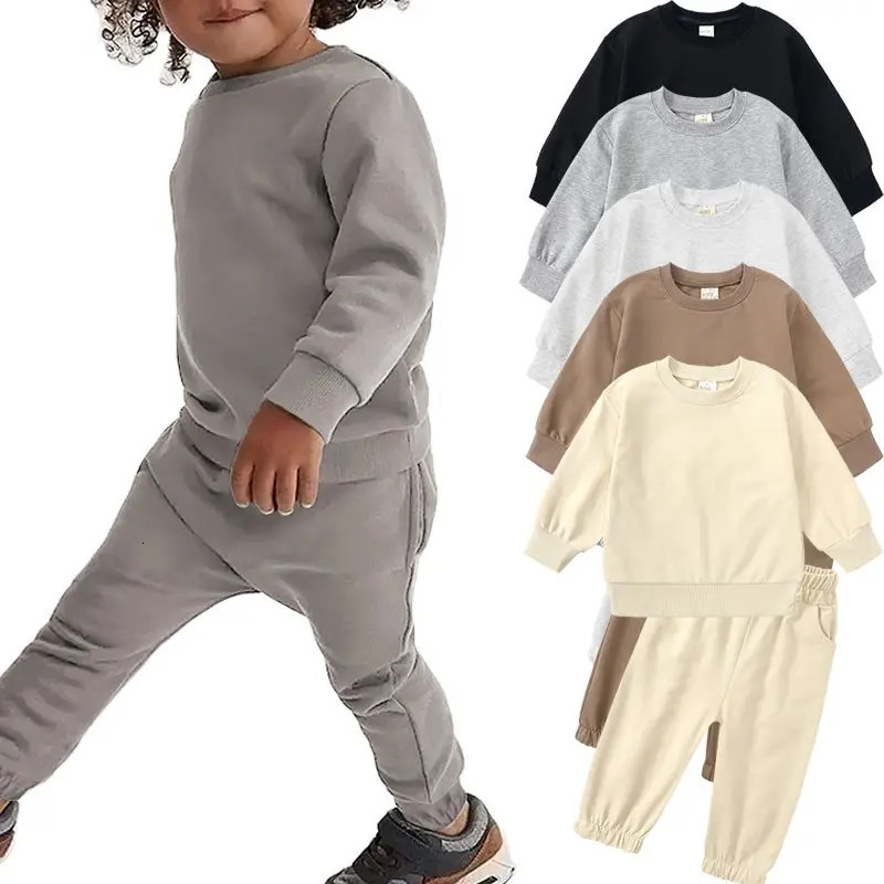 2025 Kid Boys Clothing Tracksuit 2 Pieces Set Warm Fleece Plain Top SweatshirtPants Loungewear Suit Children Girl Clothes 1-13T 250220