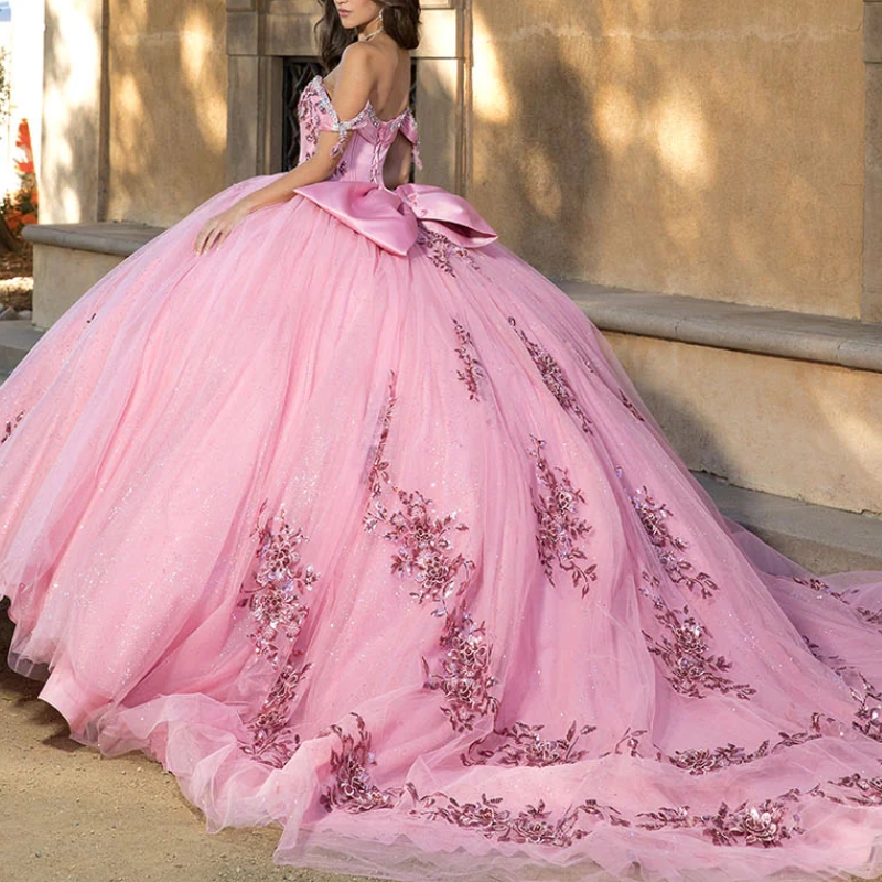Pink Shiny Quinceanera Dresses Ball Gown Off Shoulder Appliques Lace Bow Beads Tull Corset Sweet 16 Dress Vestidos 15 de anos