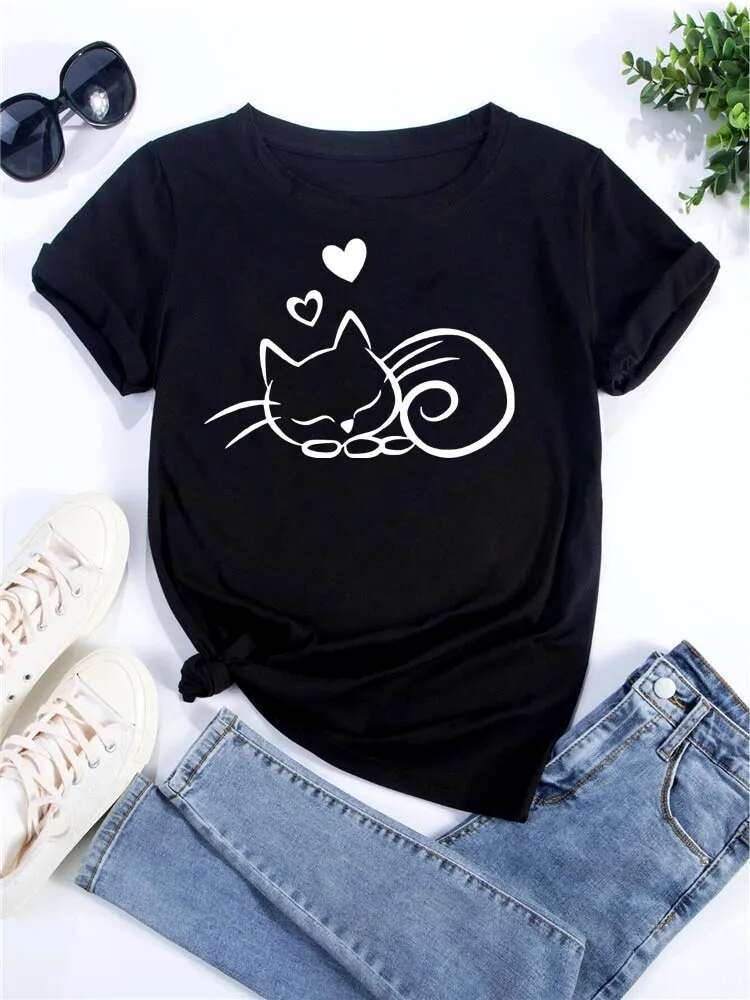 Kawaii Cat Printed Casual Designer T Shirt Summer Cute Women's T-shirts Fun Cartoon Tshirt 90s Fashion Korean Tops