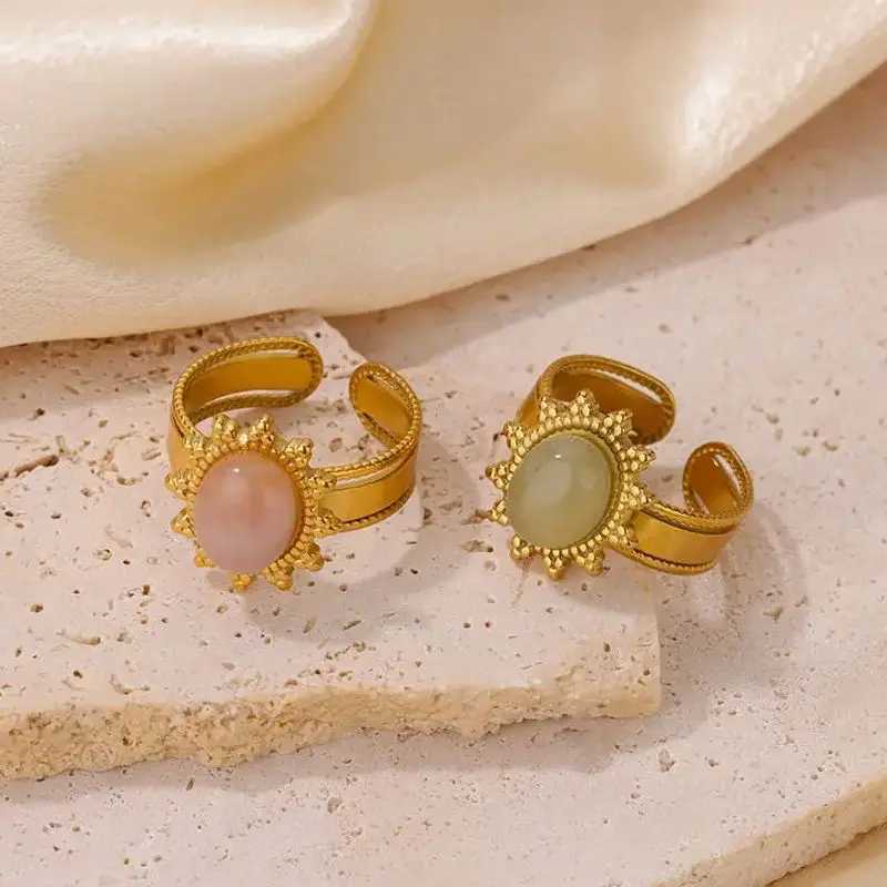 Vintage Green Oval Opal Rings for Wen Stainless Steel Gold Color Open Adjustable Wedding Ring Aesthetic Waterproof Jewelry BFF X250220